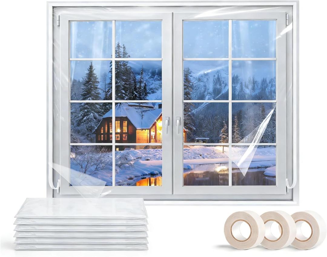 Nuanchu 6 Pieces Window Insulation Kit for Winter Total 47 x 756 Inch Plastic Window Coverings with Double Sided Interior Replacement Tapes, Winterizing Kit for Winter