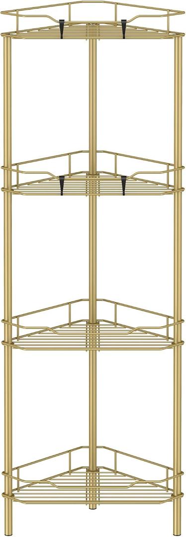 HuggieGems 4 Tier Floor Standing Corner Shower Caddy Organizer Shelf with Hooks, Bathroom Shelves Stand Rack, Gold