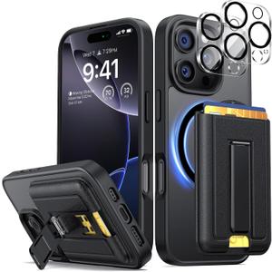 seacosmo for iPhone 16 Pro Max Case with Detachable Wallet & Card Holder & Kickstand for 3 Cards [Compatible with MagSafe] Military Grade Drop Protection, Slim Magnetic 16 Pro Max Case, 6.9", Black