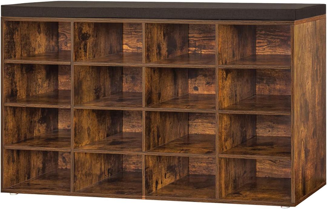 Shoe Storage Bench with Cushion, 16-Cubby Shoe Rack with Seat
