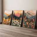 3 Pcs Boho Daisy Mountain Canvas Wall Art Abstract Flower Wildflower Sunset Paintings Pictures Wall Decor Colorful Floral Botanical Landscape Poster Print Artwork for Living Room Bedroom Unframed