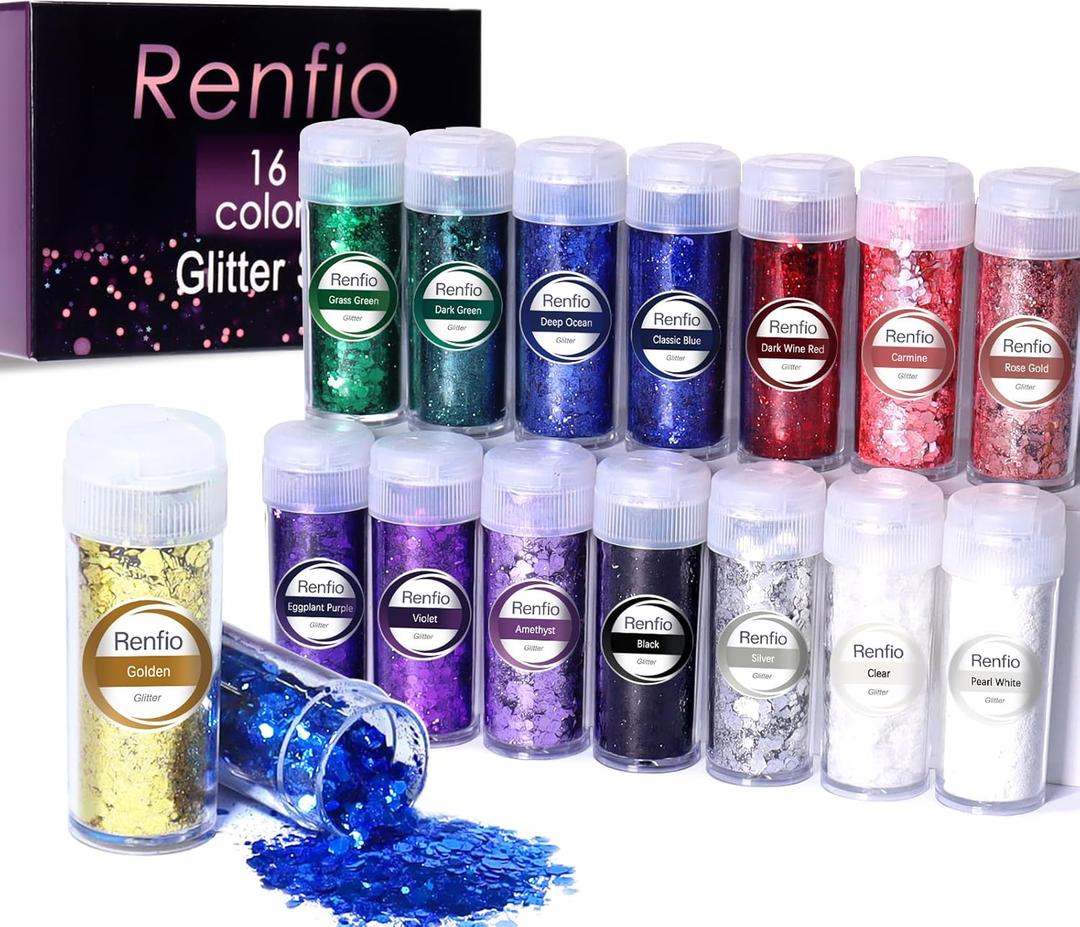 Renfio Chunky Glitter, 16 Colors Resin Glitter Set Each 10g/0.35oz PET Chunky Flakes Sequins Mix Fine Powder for Crafts, Resin Accessories, Snow Globe Tumbler Supplies, Nails