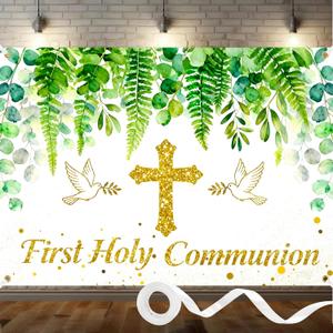 Greenery First Holy Communion Backdrop 7x5ft Polyester First Communion Decorations God Bless Baptism Photo Banner for Boys Girls Newborn Christening Confirmation Backdrop with Ribbon