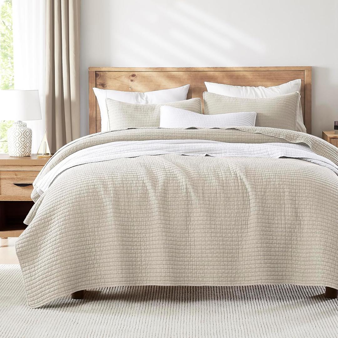 WDCOZY Beige Oversized King Size Quilt Set, Muslin Cotton Shell Down-Alt Poly Filling, California Cal King Shabby Chic Rustic Farmhouse Country Bedspread, Textured Gauze Coverlet Bedding, 2 Shams (Wheat)