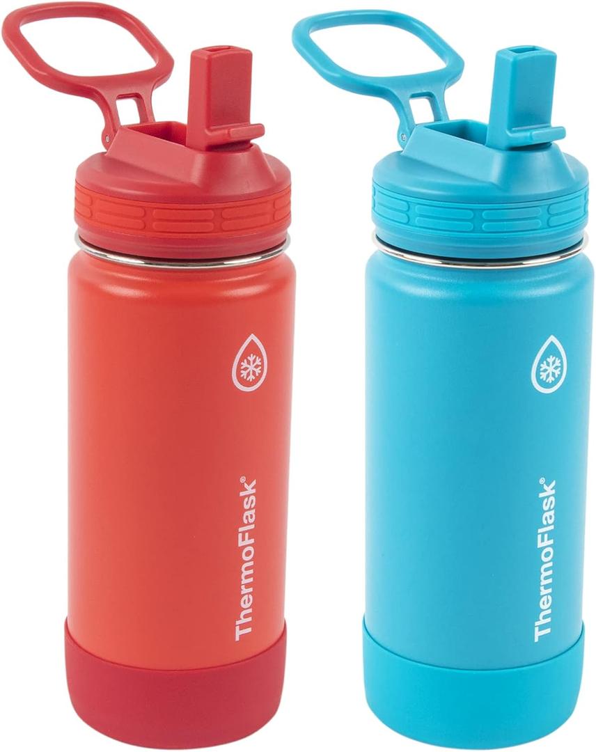 ThermoFlask Kids Bottle with Straw Lid - Durable & Dishwasher-Safe Water Bottles & Lids - Leak-Proof Bottle Lid Design - Reusable Water Bottles for Everyday Use - 16 oz, Red/Blue (2 Pack)