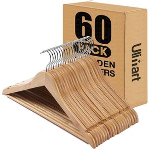 Wooden Hangers 60 Pack, Wood Hanger, Solid Shirt Hangers with Pants Bar, Heavy Duty & Slim Coat Hanger, for Suit Coat Jacket Pants Natural