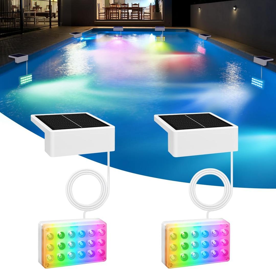 Vangue Solar Pool Lights, Solar Powered LED with IP68 Waterproof, 16 Colors, 7 Brightness Levels, and Timer for Swimming, Inground and Above Ground (Solar Pool Lights 2 Pcs)
