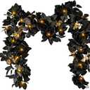 2pcs Halloween Garland with Lights 5.5Ft Black Garland with Artificial Rose Artificial Hanging Fall Leave Vines for Halloween Porch Fall Thanksgiving Table Decor (Black Rose)