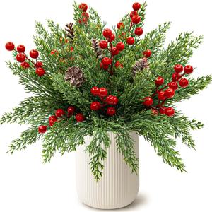 60 Pcs Artificial Norfolk Pine Branches with Red Berry Pinecone Stems, Fake Christmas Greenery Stems Picks for Christmas Tree Filler DIY Vase Craft Garlands Indoor Outdoor Home Decor
