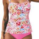 ZAFUL Twist Front Tankini Swimsuits for Women Slimming Ruched Bathing Suit Tummy Control Two Piece Tankini Set,Belly Full Coverage,High Waisted Bottom (Pink Floral, M)