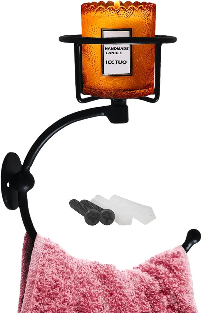 Hand Towel Holder, Matt Black Hand Towel Ring for Bathroom Wall Mounted, Heavy Duty Towel Hook with Candle Holder for Bathroom Wall Decoration