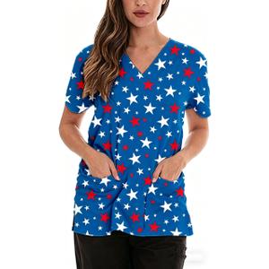 Roshop 4th of July Scrub Tops Women V-Neck Short Sleeve Holiday Themed Patriotic Scrubs L