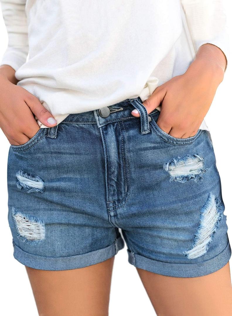 luvamia Women's Ripped High Waisted Denim Shorts Stretchy Cuffed Hem Jean Shorts (Medium)