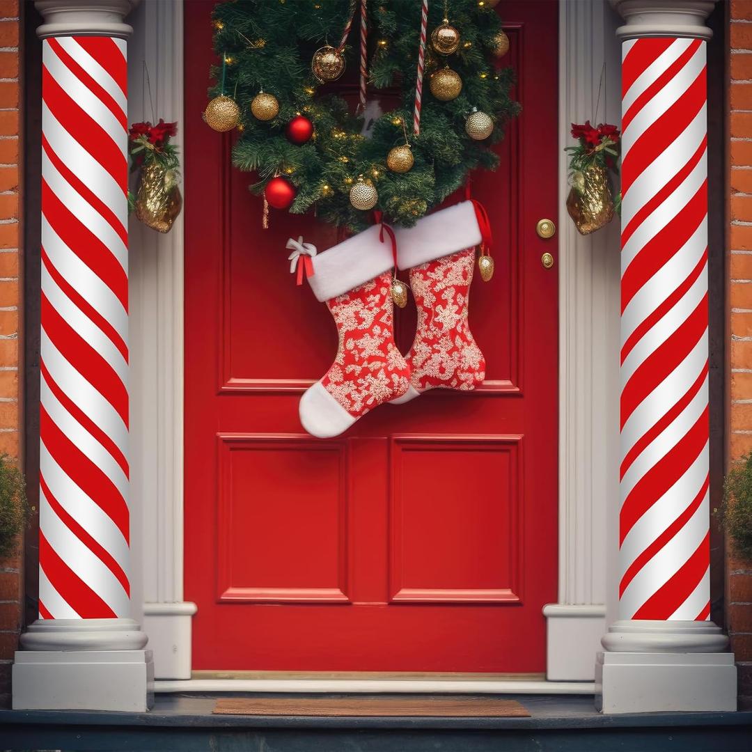 Suncalla 2 Pack Christmas Candy Cane Design Column Wraps 108 x 54 Inch Candy Cane Striped Disposable Porch Column Wraps with 1 Roll Tape Red and White Christmas Striped Pillar Cover for Xmas Decor