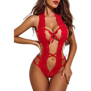 Avidlove Women Deep V Halter Lingerie Teddy One Piece Bodysuit Lace Babydoll (Large, 1 A-red)