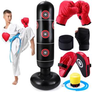 7 Pcs Kids Punching Bag Set Include Boxing Gloves, Inflatable Punching Bag, Hand Wraps, Hand Pads, Air Pump, Kids Boxing Training Set for Karate Kickboxing Taekwondo (Red)