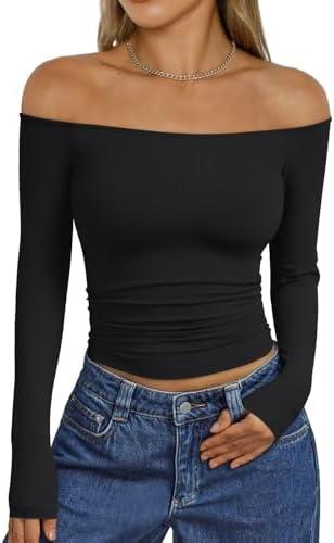 Trendy Queen Womens Long Sleeve Off The Shoulder Tops Going Out Cute Basic Y2K Fall Fashion 2026 Outfits Clothes S
