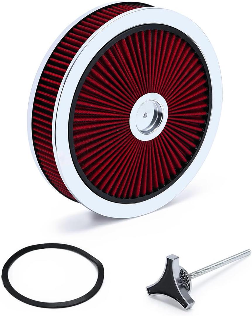 High Flow Replacement 43661 Air Cleaner filter Compatible with Chevrolet GMC Ford 14"x3" - Flow-Thru Lid Washable and Reusable Round Air Filter Element Kit - With Star Wing Nut (Red)
