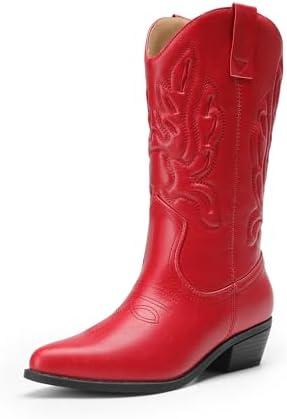 DREAM PAIRS Women's Cowboy Boots Mid Calf Cowgirl Boots Embroidery Stitched Western Boots Size 8.5