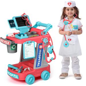 Liberry Doctor Kit for Toddlers Ages 2 3 4 5, Pretend Kids Doctor Playset with Cart, Costume and Stethoscope, Role Play Medical Toys Birthday Gift for Girls Boys (Red)