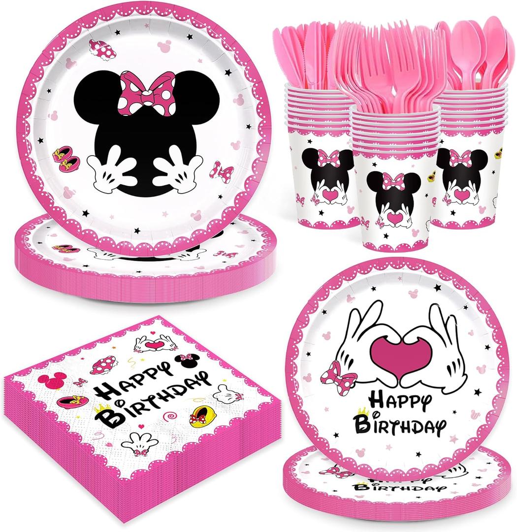 168pcs Pink Mouse Birthday Party Supplies Girls Cartoon Plates Napkins Disposable Paper Tableware Set for Girls 1st 2nd 3rd Birthday Party Decorations 24 Guests