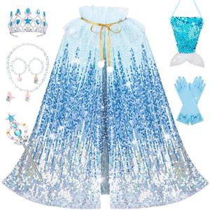 Meland Princess Dress Up for Girls 3-8, 11Pcs Mermaid Cape with Crown, Dress Up Clothes Birthday Gift Toys for Girls Toddlers (Ice Blue)