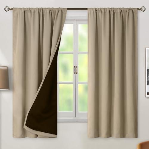 BGment 100% Blackout Curtains for Bedroom 63 Inch Length 2 Panels, Thermal Insulated Room Darkening Curtains Rod Pocket Soundproof Bedroom Living Room Window Curtains, Sand, Each 52 Inch Wide