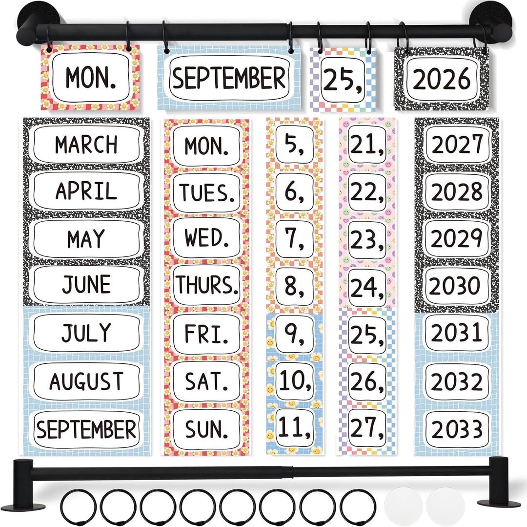 Magnetic Calendar Bulletin Board Set Flip Calendar with Magnetic Adjustable Holder Composition Classroom Decoration with 60 Date Cards for School Home Office Decor Supplies 2026 (Multiple Style)