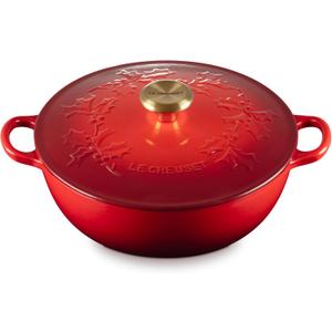 Le Creuset Enameled Cast Iron Holly Collection Soup Pot, 4.5 qt., Cerise with Gold Knob