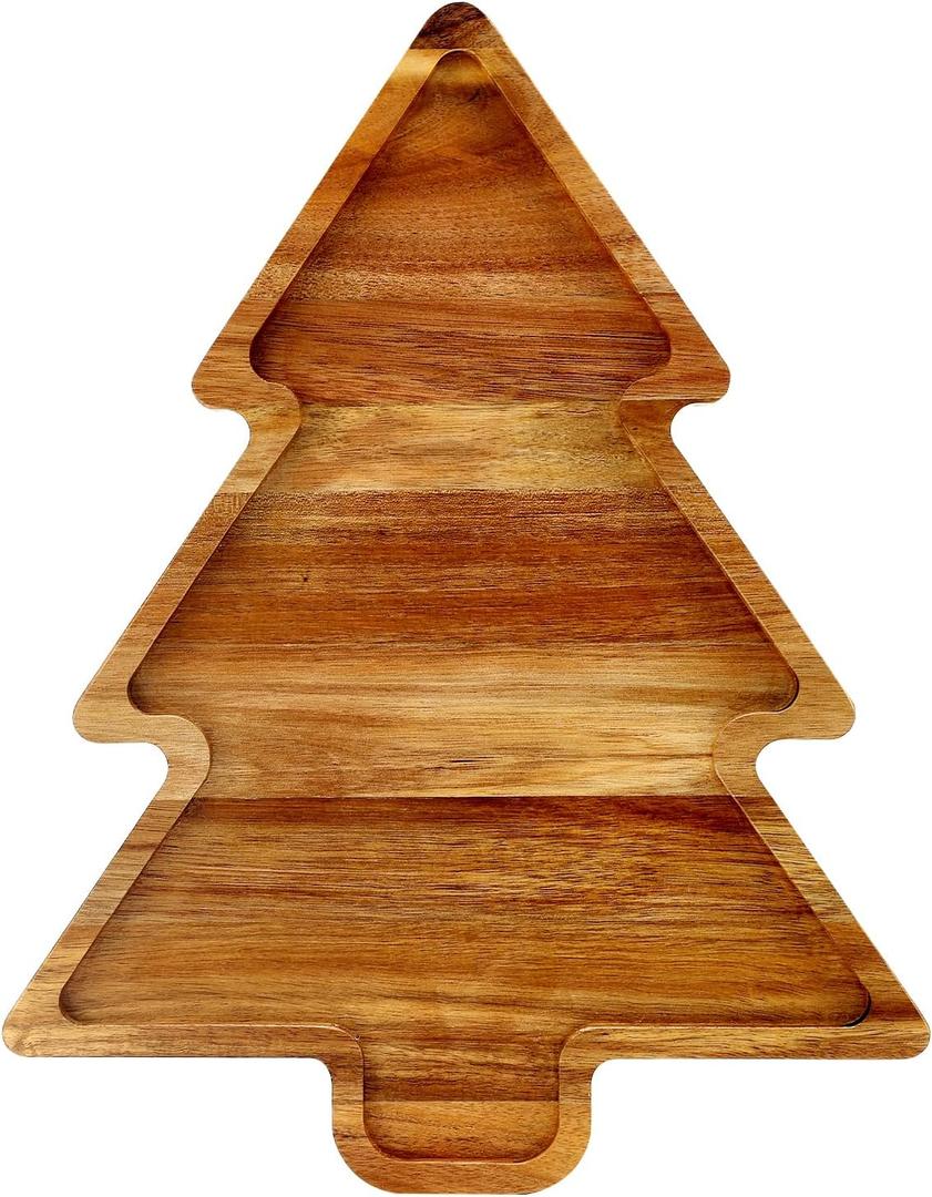 Acacia Wood Christmas Tree Tray Gift Ideas Decorative Xmas Platters Serving Dish Wooden Snack Charcuterie Board for Christmas Veggie Trays Food Cheese Boards Festive Plate Holiday Fruit Cookie Tray