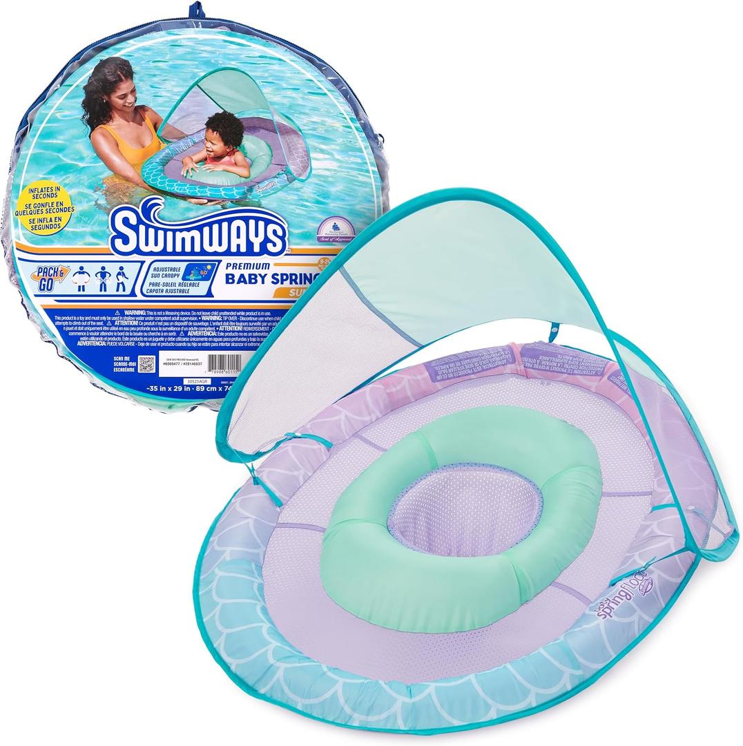SwimWays Baby Spring Float, Baby Pool Float with Canopy, Swim Training PFD, Swimming Pool Accessories for Babies and Toddlers 9-24 Months