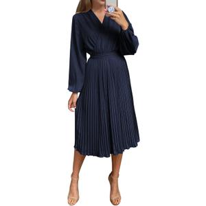PRETTYGARDEN Women's Spring Midi Dress Long Puff Sleeve Wrap V Neck Flowy Ruffle Pleated Casual Fall Dresses (X-Large)