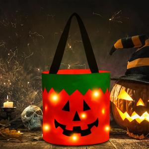 Halloween Trick or Treat Candy Bags LED Light Up Pumpkin Bucket, Collapsible Reusable Candy Basket, Fabric Tote Gift Goody Bags for Kids Halloween Party (Orange)