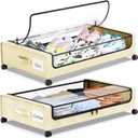 Under Bed Storage with Wheels, 2-Pack Underbed Storage Containers with Clear Lids, Under Bed Shoe Storage Organizer, Rolling Under Bed Storage for Clothes Shoes Blankets (Beige)