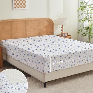 King Fitted Sheet Only,Microfiber Patterned Fitted Sheet Deep Pocket 18 Inches, Ultra Soft & Wrinkle Resistant King Fitted Sheet Deep Pocket,Blue Floral