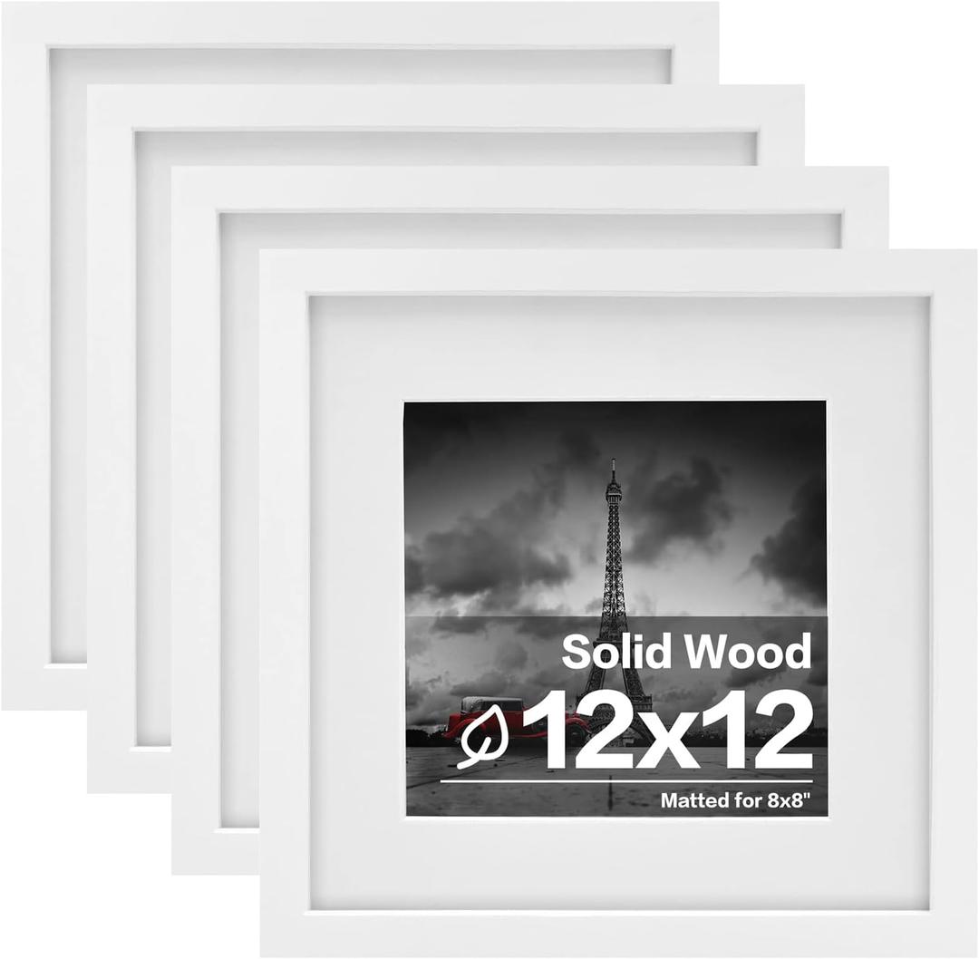 Egofine 12x12 Picture Frames White, Wood Frames with HD Plexiglass for Pictures 8x8 with Mat or 12x12 without Mat, Wall Mounting Display, Set of 4