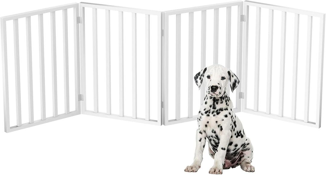 Pet Gate - 4-Panel Indoor Foldable Dog Fence for Stairs, Hallways or Doorways - 72x24-Inch Retractable Wood Freestanding Dog Gates by PETMAKER (White)