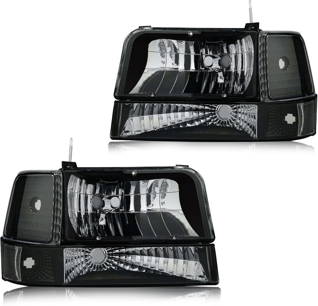 Headlight Assembly, Headlights Kit Compatible with 1992-1996 Ford F150 F250 F350/1992-1996 Bronco Replacement Headlamp Bumper Lamp Set Black Housing Clear Reflector