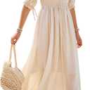 R.Vivimos Women's Summer Square Neck Midi Dress 2025 Casual Puff Half Sleeve Elastic Empire Waist Boho Flowy Long Dresses (Large, Beige)
