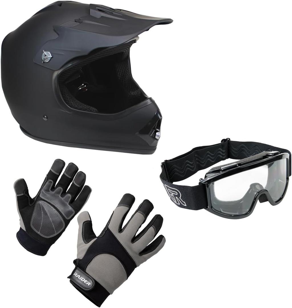 Lunatic Youth MX/ATV Helmet Goggles & Gloves - DOT Approved - Boys Girls Kids (Large, Matte Black)