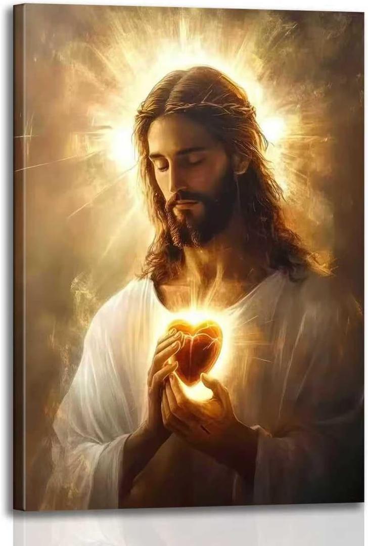 Framed Sacred Heart of Jesus Canvas Wall Art, Christian Gallery Print Religious, Wall Decor Poster Print Artwork for Living Room Bedroom Church Prayer Room Decoration 16x24 In