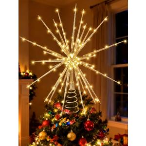 Meonum 16in Christmas Tree Topper with LED Light & Timer- 25 of 100 Lights Twinkle, Christmas Star Tree Topper for Holiday Decor, Universal Size, Lightweight and Easy to Install (Golden)
