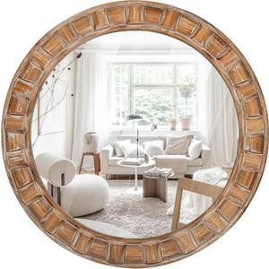 30 Inch Brown Solid Wood Round Wall Mirrors, Decorative Circle Mirror for Bathroom, Bedroom, Living Room, Hallway, Foyer, Entryway