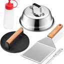 Griddle Accessories Smash Burger Kit (5Pcs), Joyfair Grill Spatula with 9in Melting Dome & Bacon Press Set, Stainless Steel Turner, Basting Cover, Cast Iron Press for Outdoor BBQ (Wooden Handle)