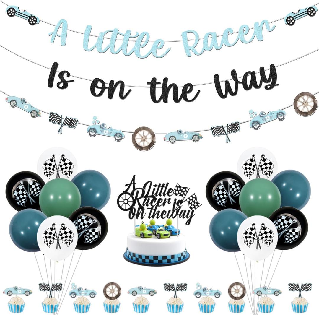 Race Car Baby Shower Decorations for Boys, A Little Racer Is on the Way Banner, Racing Car Cake Decorations and Balloons, Boys Retro Race Car Baby Shower Party Supplies