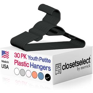Youth Petite Plastic Hangers for Children Clothes Sizes 8 to 12, Petite, Preteen, Junior, 30 Pack (Black)