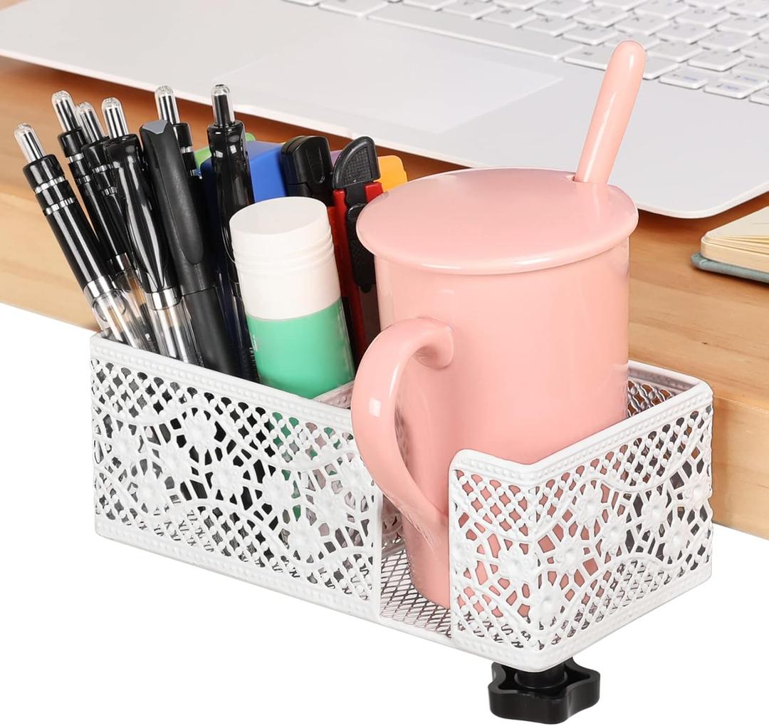 Desk Organizer Clip on Desk Cup Holder Pencil Holder for Desk Storage Beverages Phone Holder Desk Organizer and Accessories Office School Home (White)