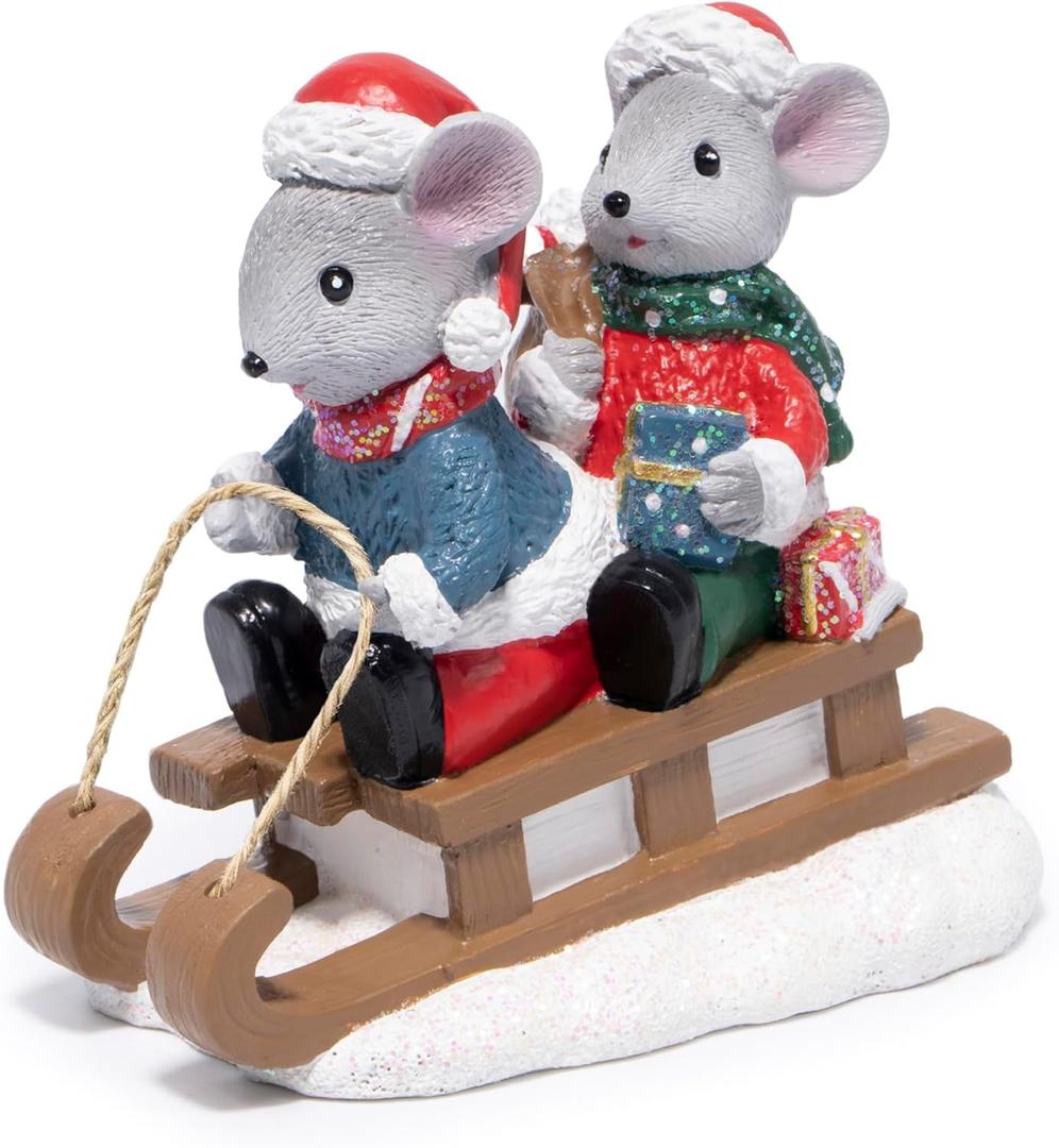 Hodao Christmas Mouse Figurines with Sleigh  Adorable Holiday Decoration Mice in Santa Hats, Festival Christmas Home Decor, Table Centerpiece, Winter Gifts (Blue)