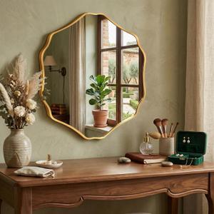 Irregular Hexagon Wall Mirror with Wavy Edge, Modern Decorative Mirror for Bathroom, Bedroom, Living Room, Frameless Vanity Mirror, Gold, 32"L x 28"W