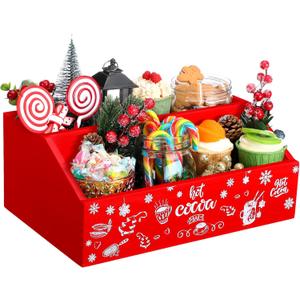Soaoo Christmas Hot Cocoa Bar Coffee Station Organizer Wood Decorative Storage Box 2 Layer Cute Hot Cocoa Bar Storage Bins Accessories for Countertop Home Xmas Holiday Gift Party Supplies(Red)